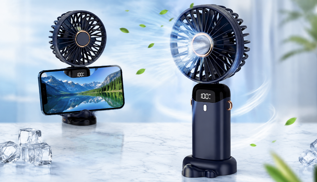 Ventilateur Portable Intelligent LED 3-en-1 – Rechargeable & Support Téléphone Intégré