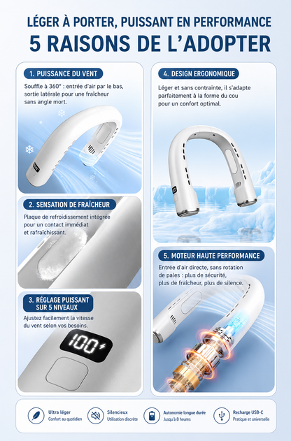 Climatiseur de Cou Portable Rechargeable – Fraîcheur 360°